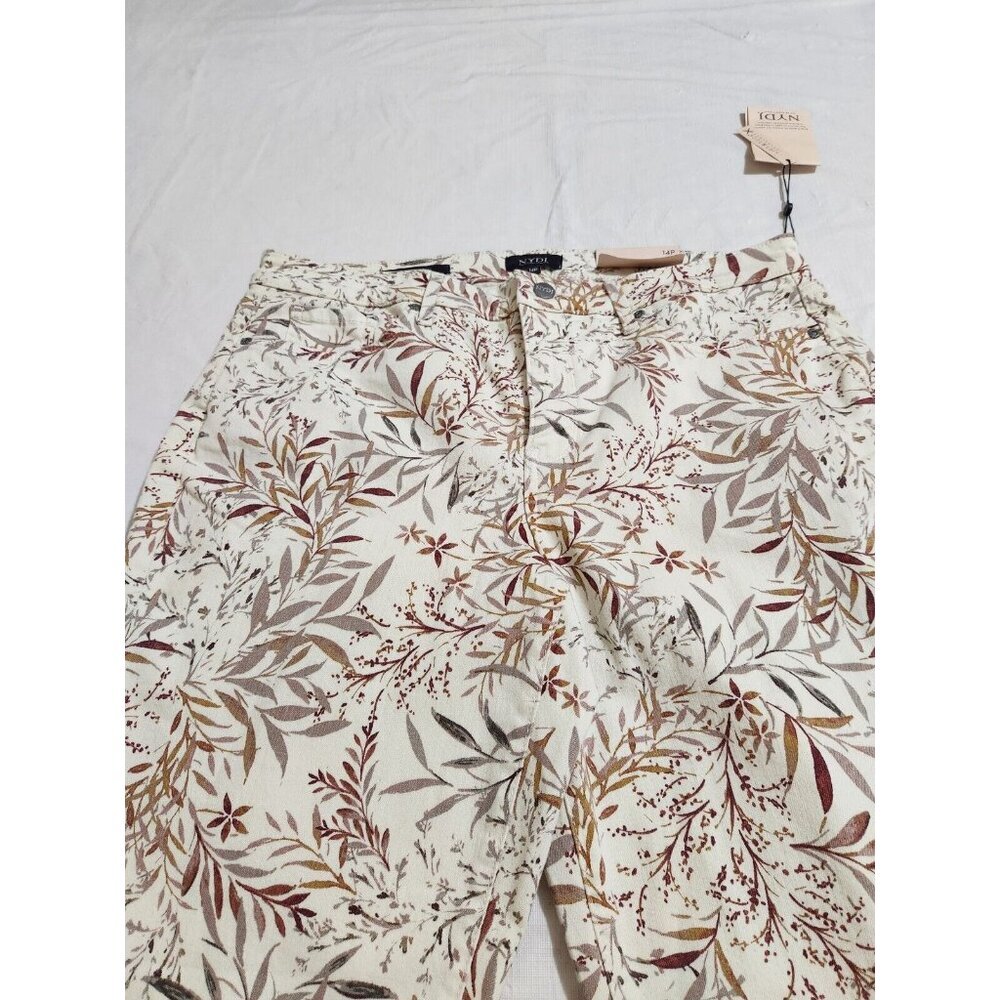 NYDJ Sheri Slim Leg Jeans Cream Beige Leaf Leaves Floral Size 14P Stretch (CJ6) - Picture 4 of 11